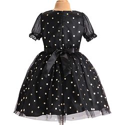 Pine Kids Woven Half Puffed Sleeves Party Frock with Polka Dots Foil Print - Black