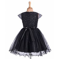 Pine Kids Woven Cap Sleeves Party Frock with Glitter Detailing & Bow Applique - Black
