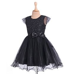 Pine Kids Woven Cap Sleeves Party Frock with Glitter Detailing & Bow Applique - Black