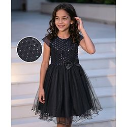 Pine Kids Woven Cap Sleeves Party Frock with Glitter Detailing & Bow Applique - Black