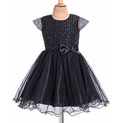Pine Kids Woven Cap Sleeves Party Frock with Glitter Detailing & Bow Applique - Black