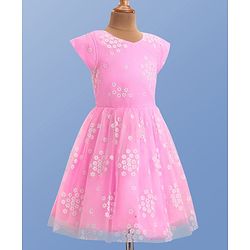 Pine Kids Woven Half Sleeves Floral Embroidered Party Frock - Pink