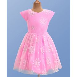 Pine Kids Woven Half Sleeves Floral Embroidered Party Frock - Pink