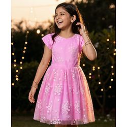 Pine Kids Woven Half Sleeves Floral Embroidered Party Frock - Pink