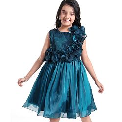 Pine Kids Woven Sleeveless Party Frock With Sequin & Frill Detailing - Teal Blue