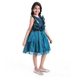 Pine Kids Woven Sleeveless Party Frock With Sequin & Frill Detailing - Teal Blue