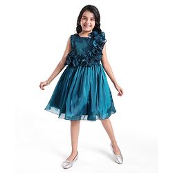 Pine Kids Woven Sleeveless Party Frock With Sequin & Frill Detailing - Teal Blue
