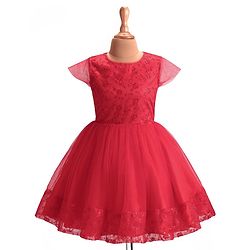 Pine Kids Woven Cap Sleeves Party Frock with Floral Embroidery - Red