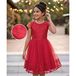 Pine Kids Woven Cap Sleeves Party Frock with Floral Embroidery - Red