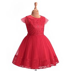 Pine Kids Woven Cap Sleeves Party Frock with Floral Embroidery - Red