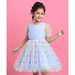 Pine Kids Woven Puffed Sleeves Party Dress with Floral Embroidery - Light Blue
