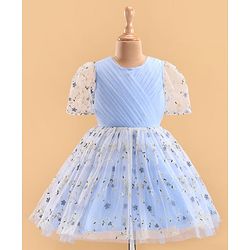 Pine Kids Woven Puffed Sleeves Party Dress with Floral Embroidery - Light Blue