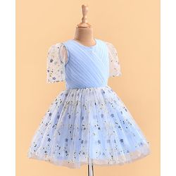 Pine Kids Woven Puffed Sleeves Party Dress with Floral Embroidery - Light Blue