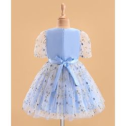 Pine Kids Woven Puffed Sleeves Party Dress with Floral Embroidery - Light Blue