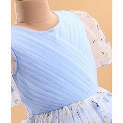 Pine Kids Woven Puffed Sleeves Party Dress with Floral Embroidery - Light Blue