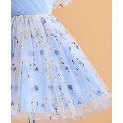 Pine Kids Woven Puffed Sleeves Party Dress with Floral Embroidery - Light Blue