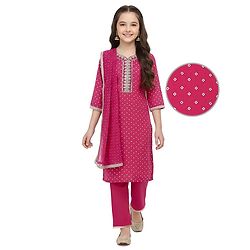 Pine Kids Woven Three Fourth Sleeves  Bandhani Foil Printed Kurta & Churidar Set with Dupatta & Floral Embroidery - Pink