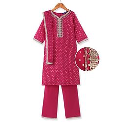 Pine Kids Woven Three Fourth Sleeves  Bandhani Foil Printed Kurta & Churidar Set with Dupatta & Floral Embroidery - Pink