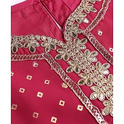 Pine Kids Woven Three Fourth Sleeves  Bandhani Foil Printed Kurta & Churidar Set with Dupatta & Floral Embroidery - Pink
