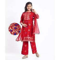Pine Kids Woven Full Sleeves Printed Kurta Salwar Set with Dupatta - Red