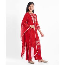 Pine Kids Woven Full Sleeves Printed Kurta Salwar Set with Dupatta - Red