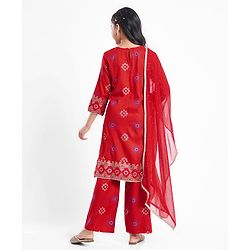 Pine Kids Woven Full Sleeves Printed Kurta Salwar Set with Dupatta - Red