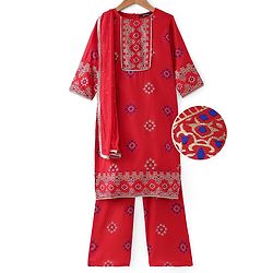 Pine Kids Woven Full Sleeves Printed Kurta Salwar Set with Dupatta - Red