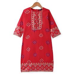 Pine Kids Woven Full Sleeves Printed Kurta Salwar Set with Dupatta - Red