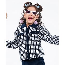 Pine Kids Full Sleeves Pull Over Sweater with Check Print - Navy & White