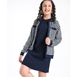 Pine Kids Full Sleeves Pull Over Sweater with Check Print - Navy & White