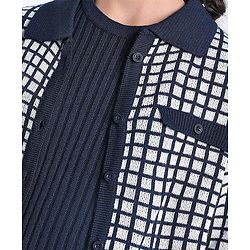 Pine Kids Full Sleeves Pull Over Sweater with Check Print - Navy & White