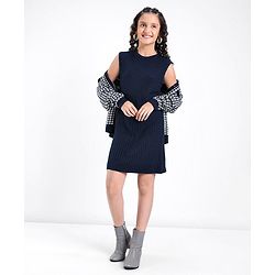 Pine Kids Full Sleeves Pull Over Sweater with Check Print - Navy & White