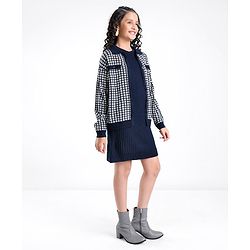Pine Kids Full Sleeves Pull Over Sweater with Check Print - Navy & White