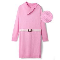 Pine Kids Knitted Full Sleeves Solid Color Woollen Dress with Belt - Light Pink