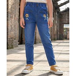Pine Kids Ankle Length Denim Washed Jeans with Floral Applique - Blue