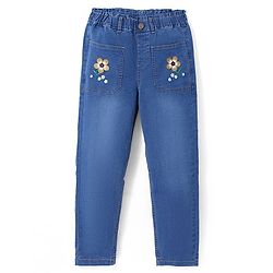 Pine Kids Ankle Length Denim Washed Jeans with Floral Applique - Blue