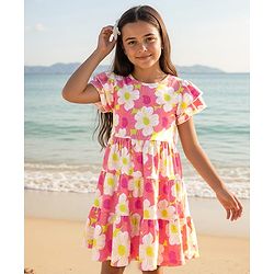 Pine Kids Cotton Knit Half Sleeves Frock with Floral Print - Pink