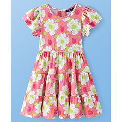 Pine Kids Cotton Knit Half Sleeves Frock with Floral Print - Pink