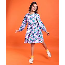 Pine Kids Cotton Knit Full Sleeves Frock with Floral Print - White & Purple