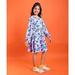 Pine Kids Cotton Knit Full Sleeves Frock with Floral Print - White & Purple