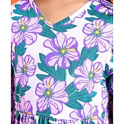Pine Kids Cotton Knit Full Sleeves Frock with Floral Print - White & Purple
