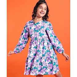 Pine Kids Cotton Knit Full Sleeves Frock with Floral Print - White & Purple