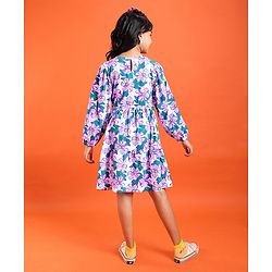 Pine Kids Cotton Knit Full Sleeves Frock with Floral Print - White & Purple