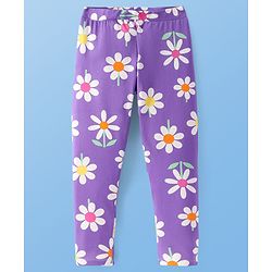 Pine Kids Knit Cotton Lycra Ankle Length Stretchable Leggings with Floral Print - Paisley Purple