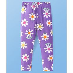 Pine Kids Knit Cotton Lycra Ankle Length Stretchable Leggings with Floral Print - Paisley Purple