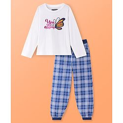 Pine Kids Single Jersey Knit Full Sleeves Checkered Night Suit With Butterfly Print - White & Blue