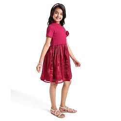 Pine Kids Cotton Half Sleeves Rib and Organza Frock with Zipper Opening and Rose Corsage - Maroon