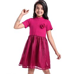 Pine Kids Cotton Half Sleeves Rib and Organza Frock with Zipper Opening and Rose Corsage - Maroon
