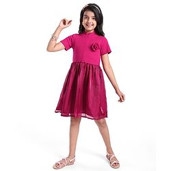 Pine Kids Cotton Half Sleeves Rib and Organza Frock with Zipper Opening and Rose Corsage - Maroon