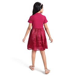Pine Kids Cotton Half Sleeves Rib and Organza Frock with Zipper Opening and Rose Corsage - Maroon